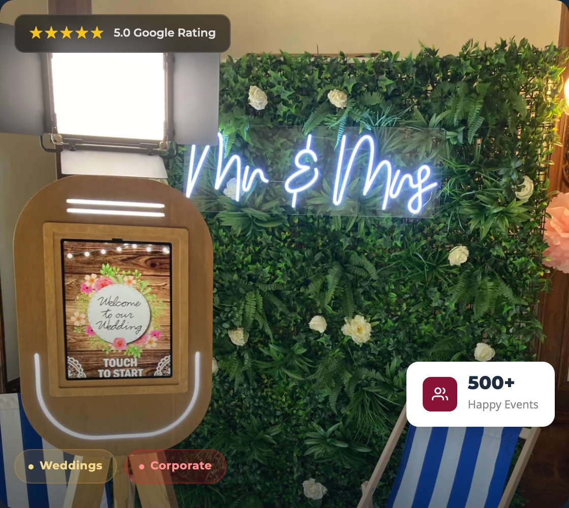 Funny Photo Booth vintage selfie pod at a wedding, with a Mr & Mrs neon sign, flower wall, 5.0 Google rating and 500+ happy events