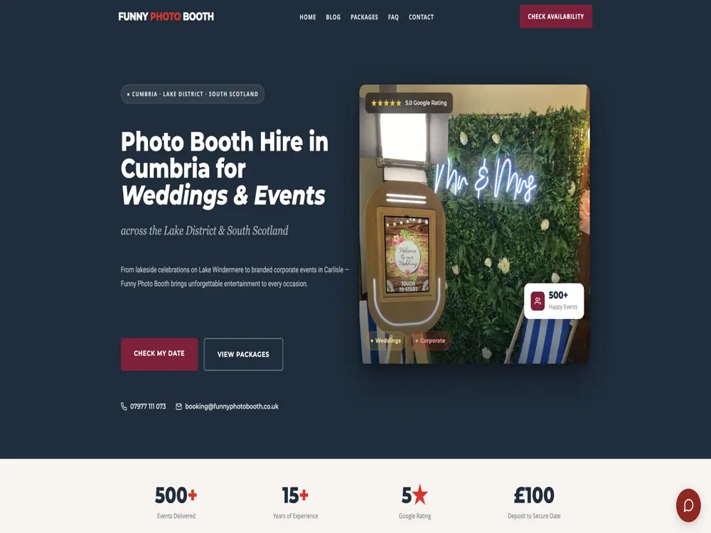 Homepage of the Funny Photo Booth website, designed and built by Redwell Creative