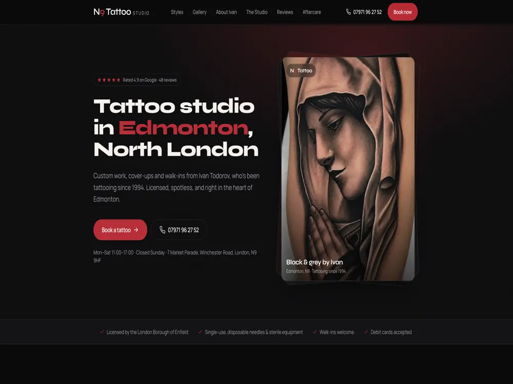 Homepage of the N9 Tattoo Studio website, designed and built by Redwell Creative